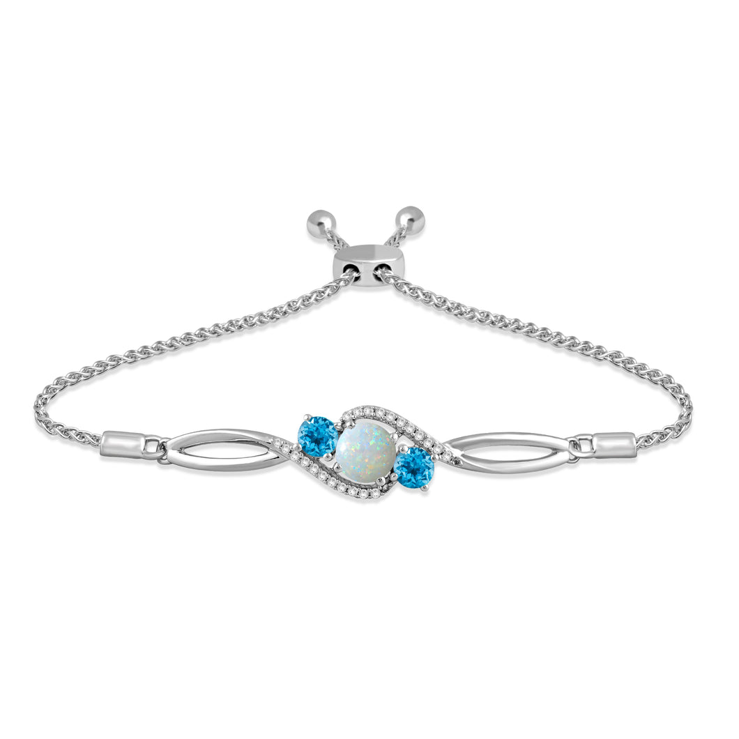 Jewelili Bolo Bracelet with Round Created Opal and 4 MM Swiss Blue Topaz, Round Created White Sapphire in Sterling Silver View 1