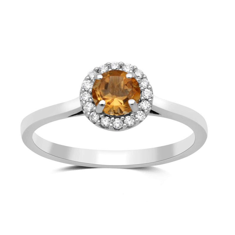 Jewelili Cubic Zirconia Halo Ring with Round Citrine in Sterling Silver View 1