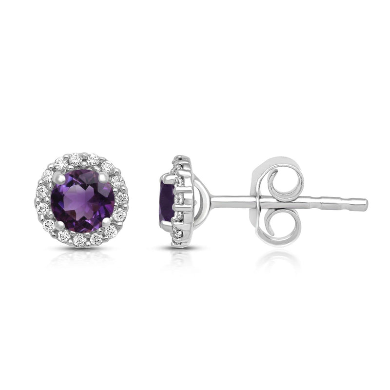 Jewelili Stud Earrings in 4 MM Round Amethyst and Cubic Zirconia in Sterling Silver View 3