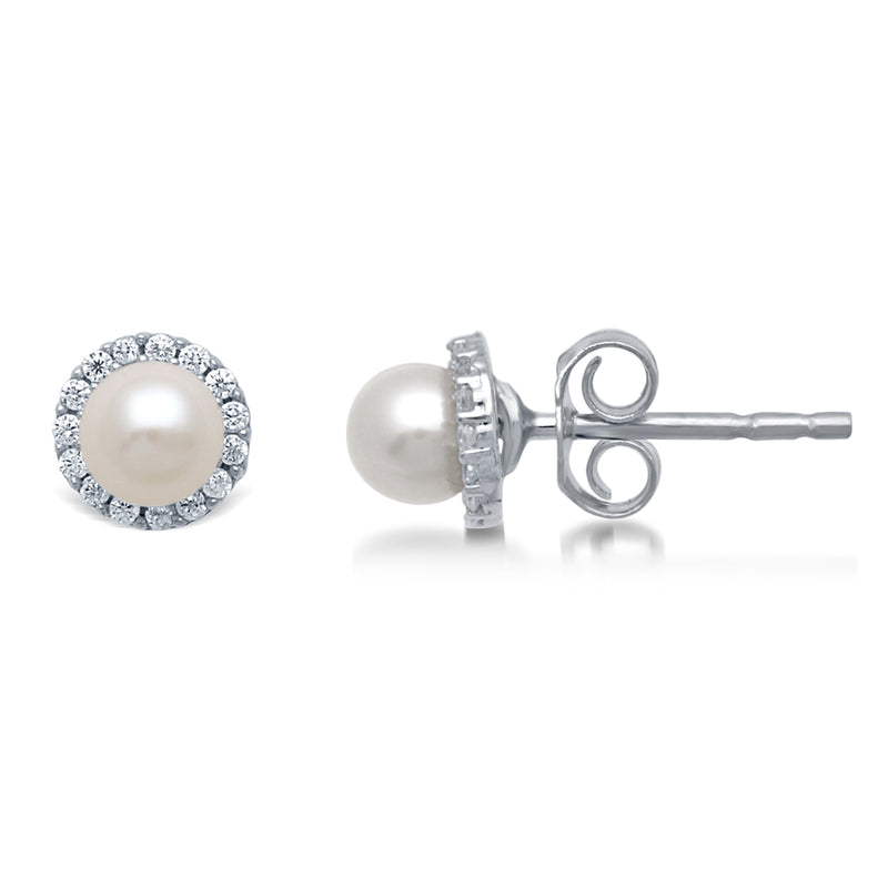 Jewelili Sterling Silver with Natural Round Pearl and Round Cubic Zirconia Halo Stud Earrings