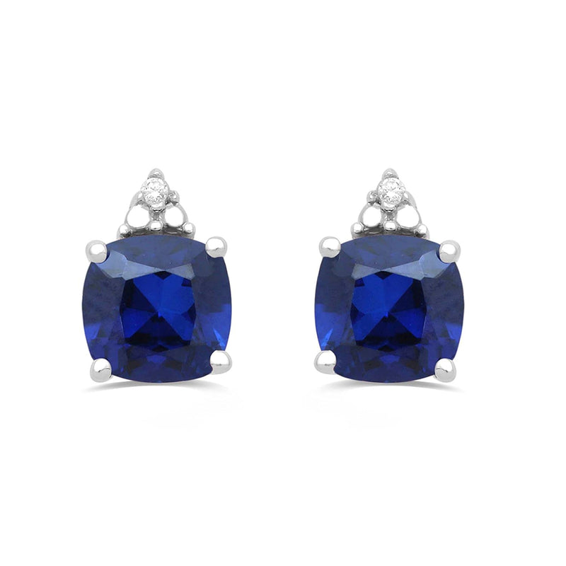 Jewelili Sterling Silver 6x6MM and 5x5MM Cushion Cut created Blue Sapphire and Round Cubic Zirconia Ring, Pendant and Stud Earrings Box Set
