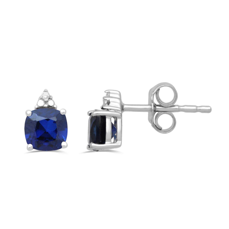 Jewelili Sterling Silver 6x6MM and 5x5MM Cushion Cut created Blue Sapphire and Round Cubic Zirconia Ring, Pendant and Stud Earrings Box Set