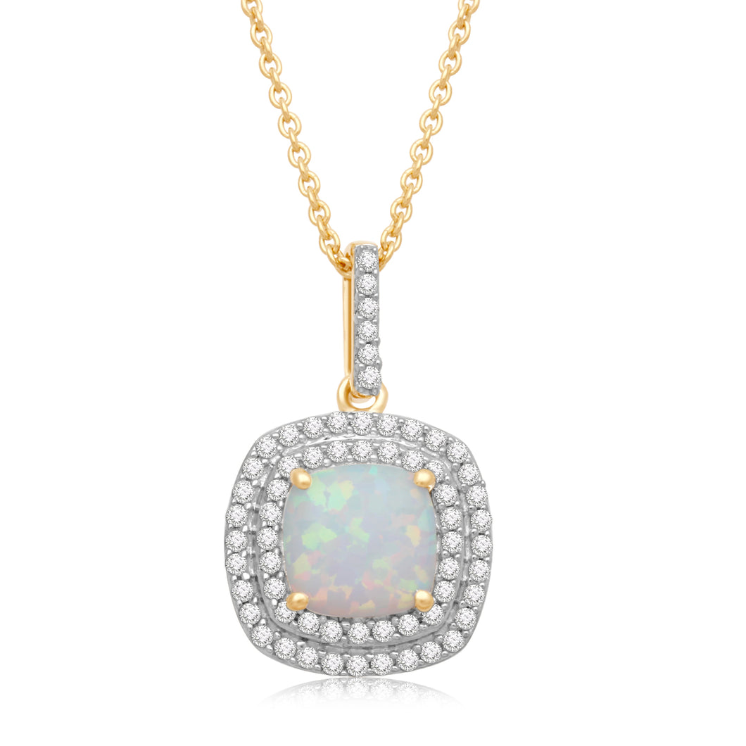 Jewelili Yellow Gold Over Sterling Silver with Cushion Shape Created Opal and Created White Sapphire Halo Pendant Necklace