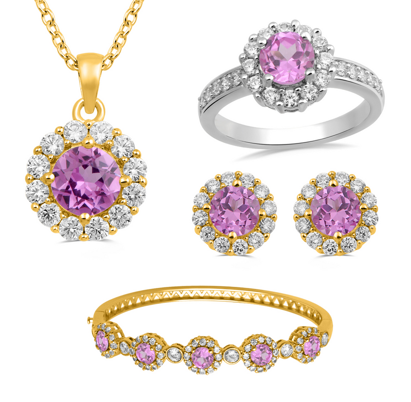 Jewelili Pendant, Stud Earrings, Bracelet and Ring Jewelry Set with Created Pink Sapphire and Round Created White Sapphire over Brass