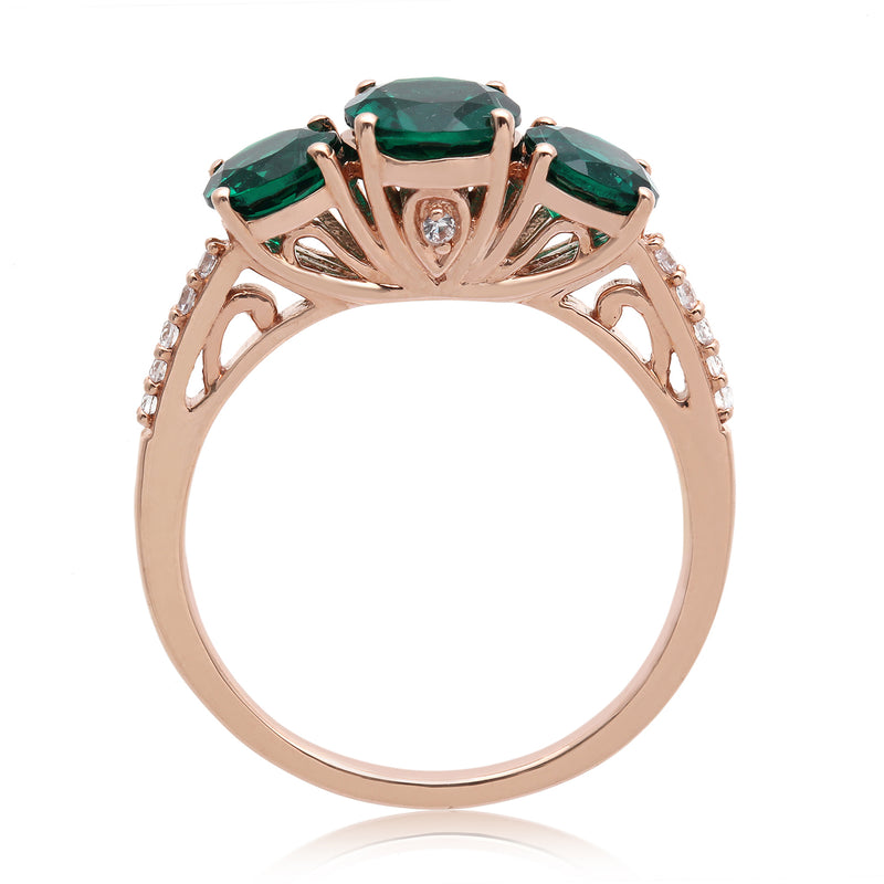 Jewelili 10K Rose Gold With Created Emerald and Created White Sapphire Three Stone Ring