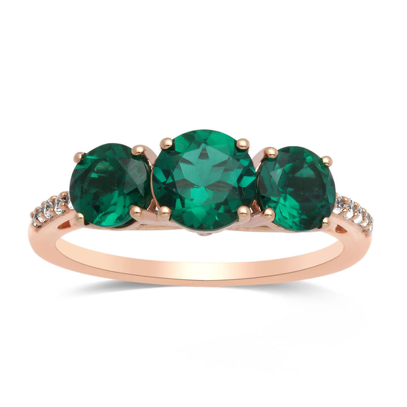 Jewelili 10K Rose Gold With Created Emerald and Created White Sapphire Three Stone Ring