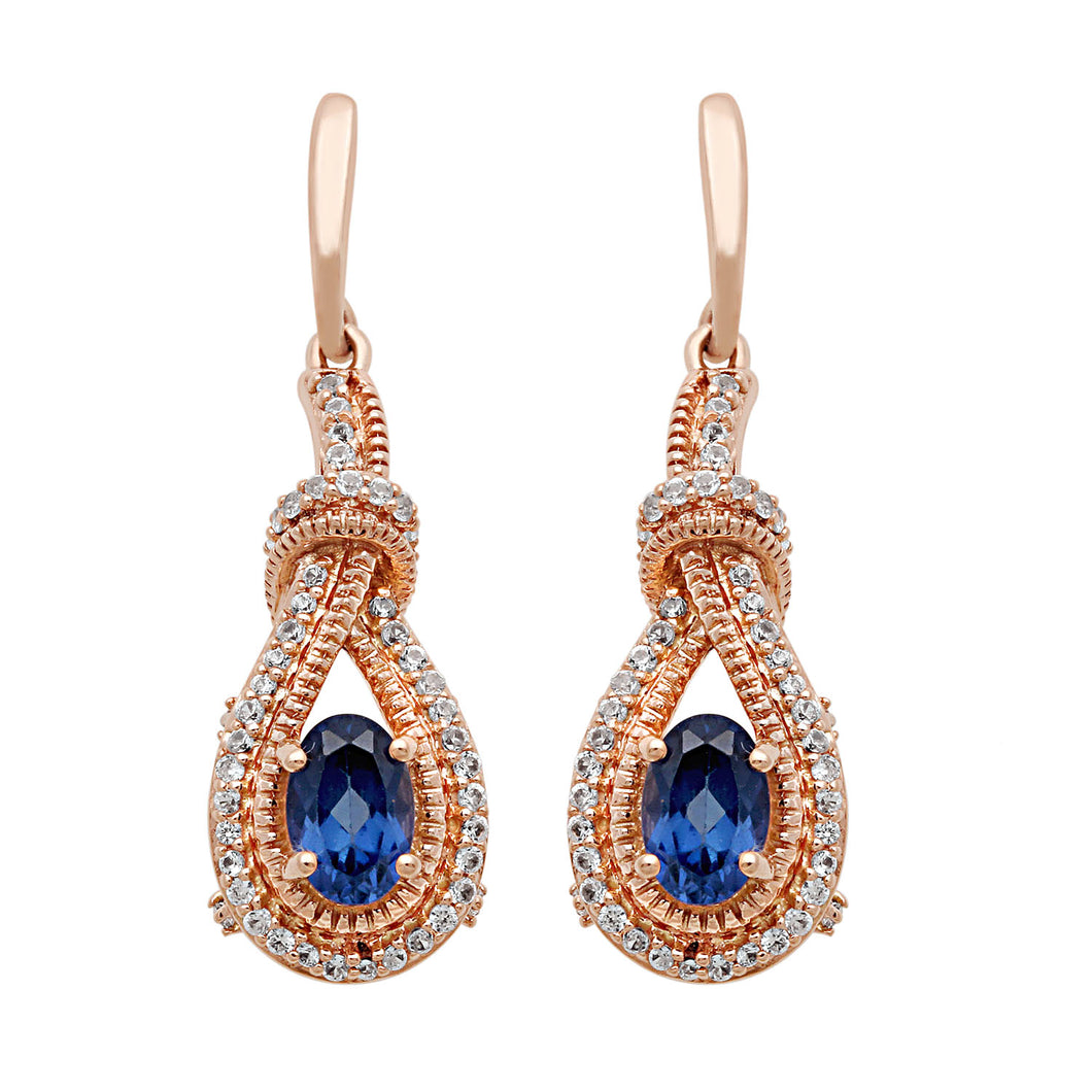 Jewelili Teardrop Drop Earrings with Created Ceylon Sapphire and Created White Sapphire in 10K Rose Gold View 1
