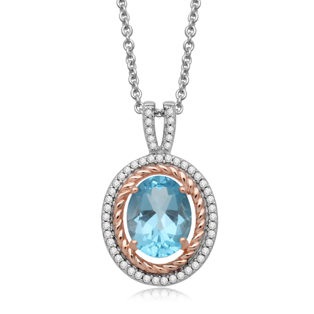 Jewelili 14K Rose Gold Over Sterling Silver With 9x7 MM Oval Paraiba Topaz and Round Created White Sapphire Halo Pendant Necklace, 18