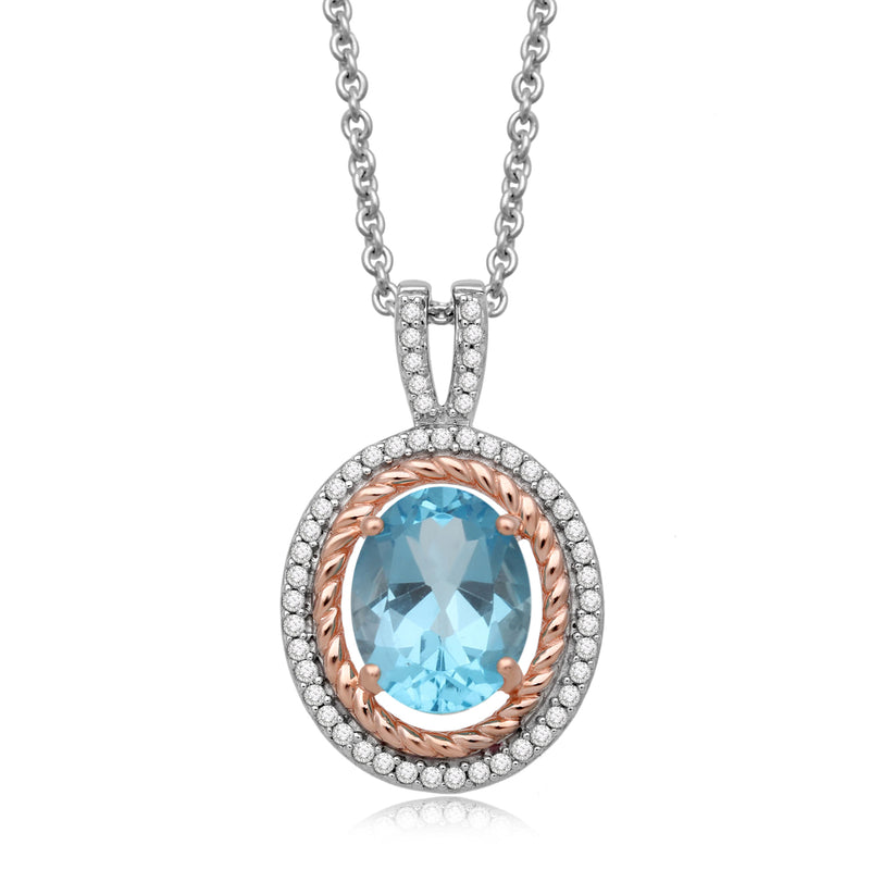 Jewelili 14K Rose Gold Over Sterling Silver With 9x7 MM Oval Paraiba Topaz and Round Created White Sapphire Halo Pendant Necklace, 18" Cable Chain