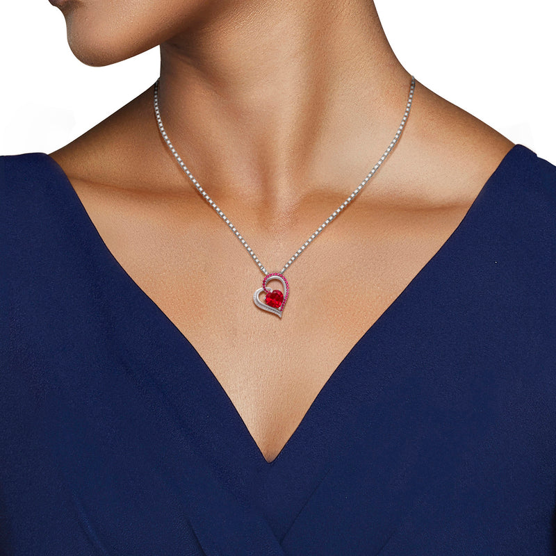 Jewelili Sterling Silver with Heart Created Ruby and Round Created White Sapphire Trill Pendant Necklace