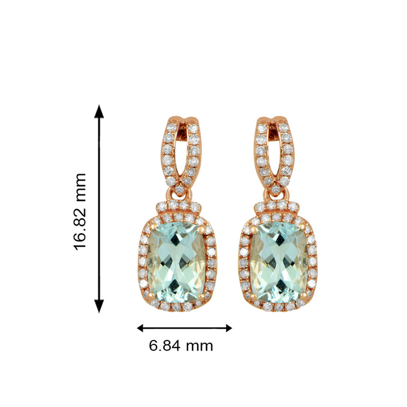 Jewelili 10K Rose Gold With Cushion Shape Natural Aquamarine and 1/4 CTTW Natural White Round Diamonds Dangle Earrings