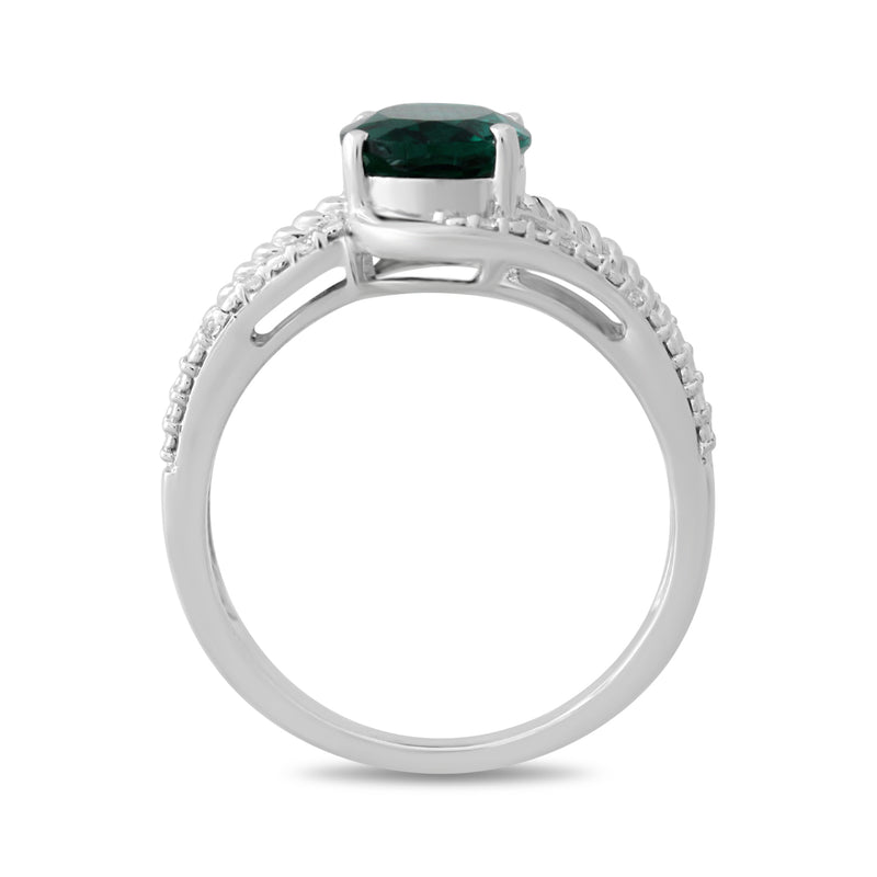 Jewelili Halo Ring with Oval Created Emerald and Round Created White Sapphire in Sterling Silver View 3