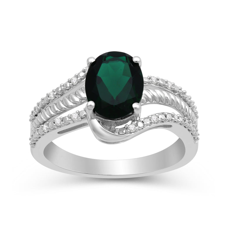 Jewelili Halo Ring with Oval Created Emerald and Round Created White Sapphire in Sterling Silver View 1