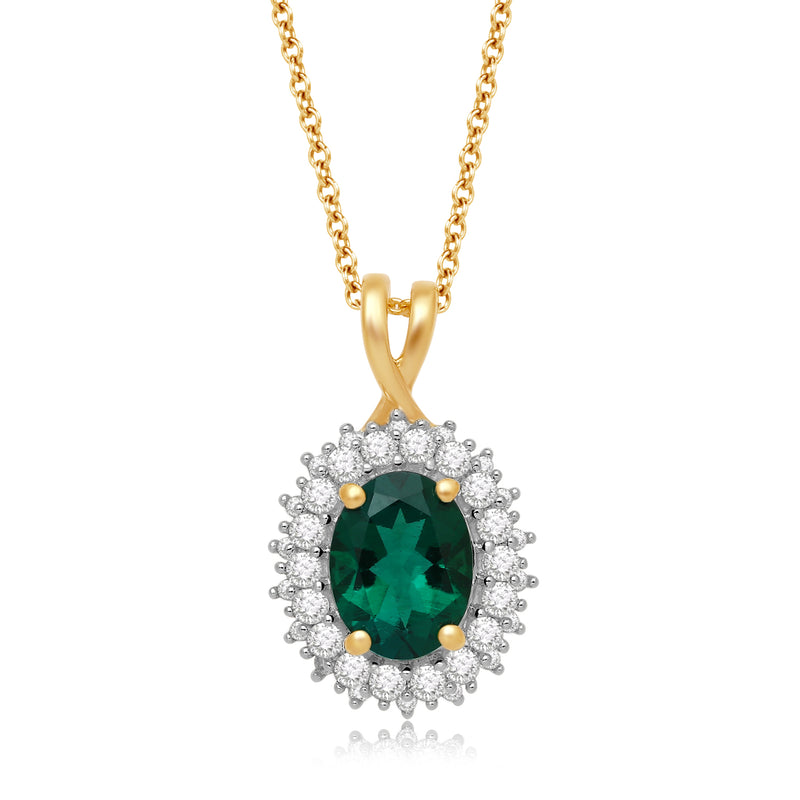 Jewelili Yellow Gold Over Sterling Silver With Oval Shape Created Emerald and Round Created White Sapphire Pendant Necklace