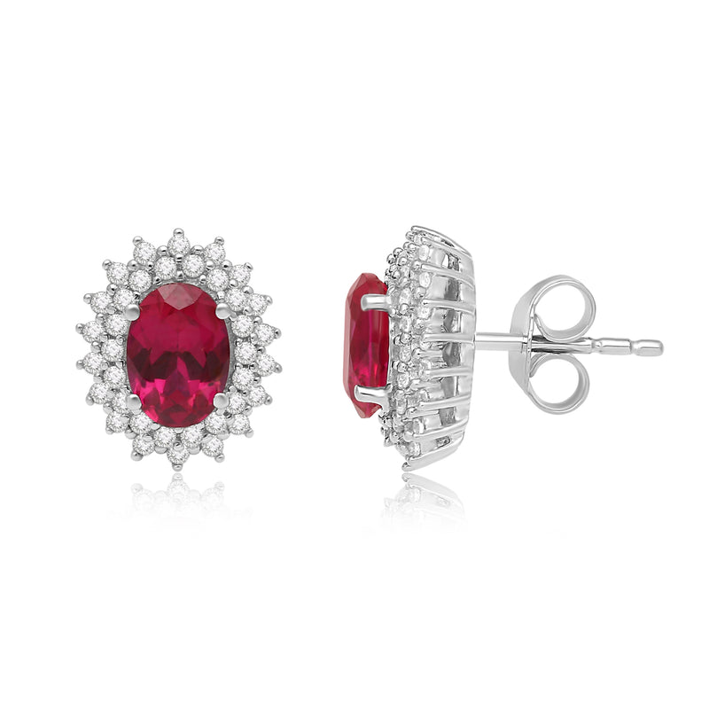 Jewelili Stud Earrings with Oval Shape Created Ruby and Round Created White Sapphire in Sterling Silver View 3