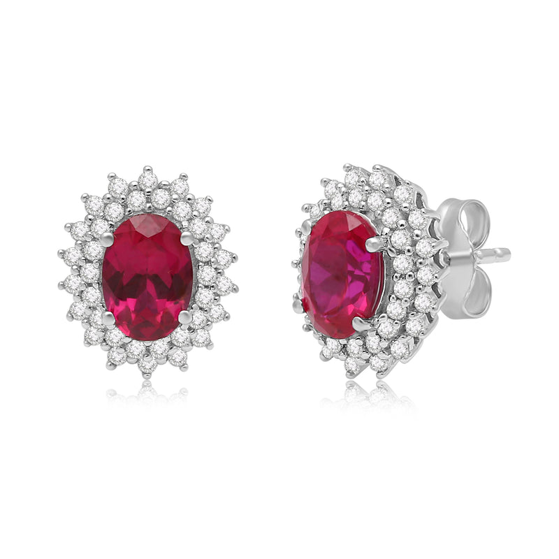 Jewelili Stud Earrings with Oval Shape Created Ruby and Round Created White Sapphire in Sterling Silver View 1