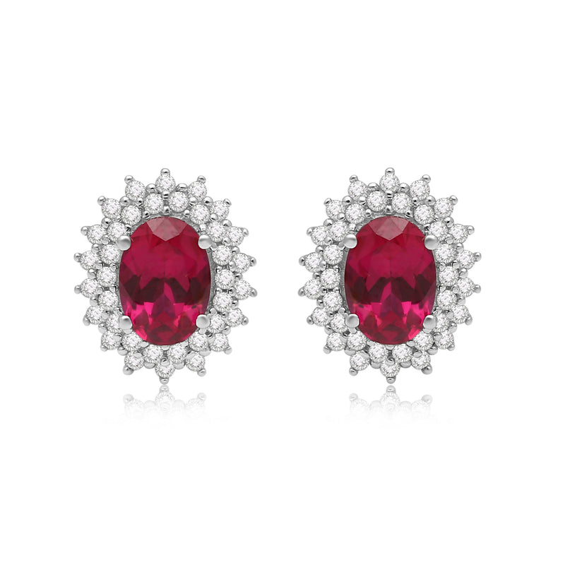 Jewelili Stud Earrings with Oval Shape Created Ruby and Round Created White Sapphire in Sterling Silver View 2