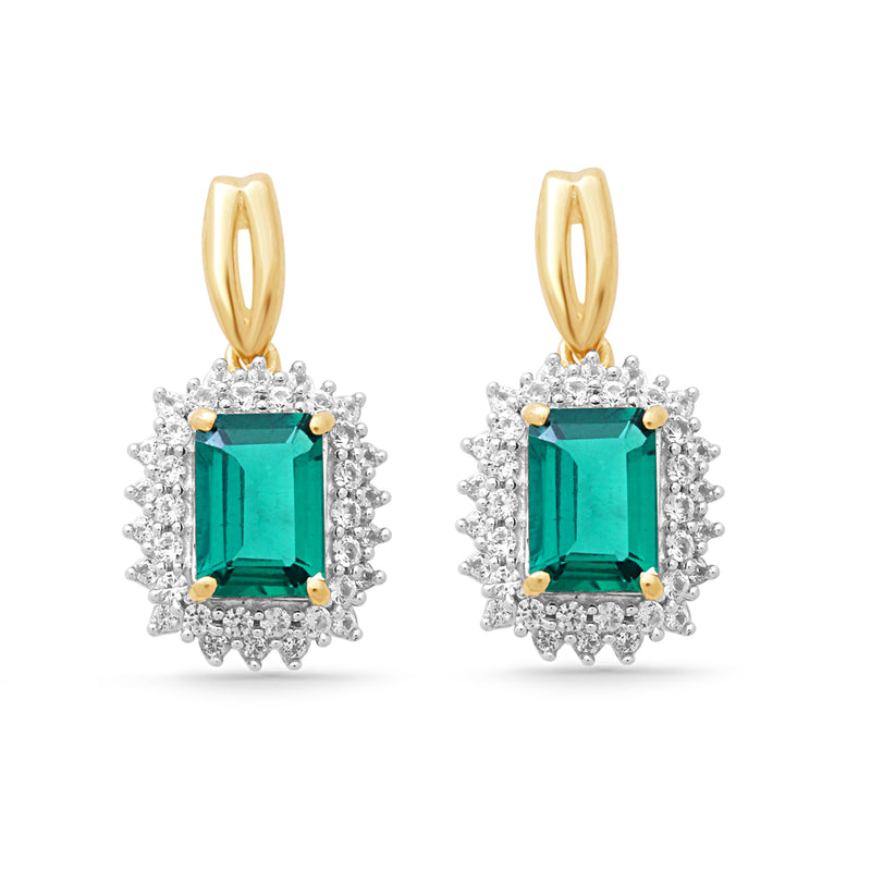 Jewelili Dangle Earrings with Octagon Shape Created Emerald and Round Created White Sapphire in Yellow Gold Over Sterling Silver View 1