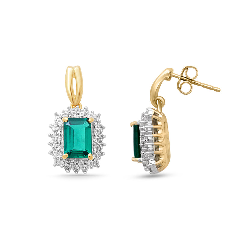 Jewelili Dangle Earrings with Octagon Shape Created Emerald and Round Created White Sapphire in Yellow Gold Over Sterling Silver 