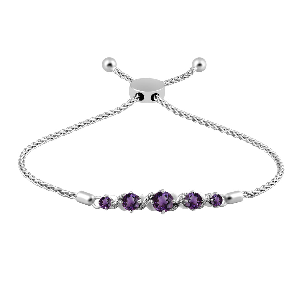 Jewelili Bolo Bracelet with Round Shape Amethyst and Round Created White Sapphire in Sterling Silver 9.5