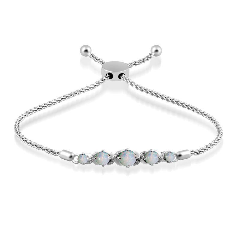 Jewelili Sterling Silver with Created Opal and Created White Sapphire Bolo Bracelet
