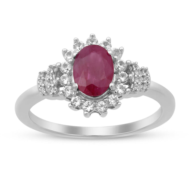 Jewelili Sterling Silver 7x5 MM Oval Created Ruby and Round Created White Sapphire Cluster Ring