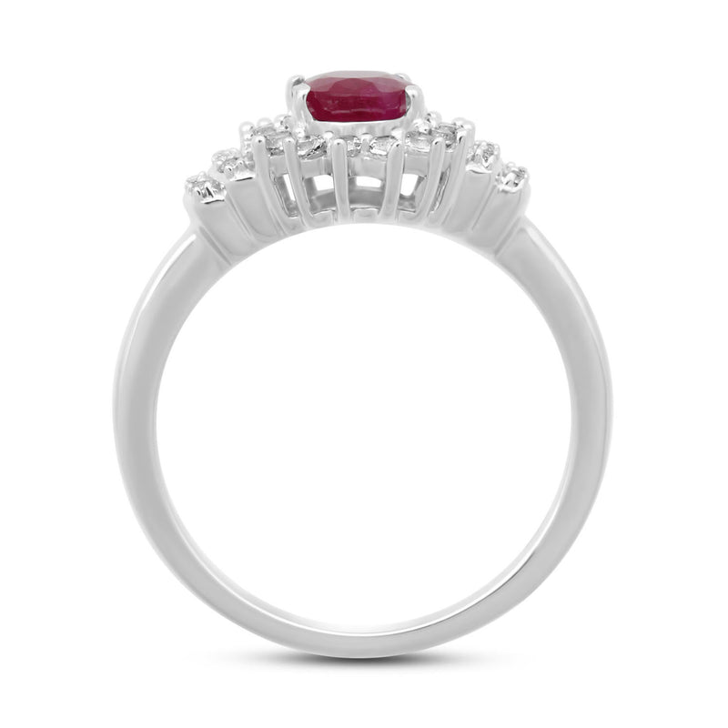 Jewelili Sterling Silver 7x5 MM Oval Created Ruby and Round Created White Sapphire Cluster Ring