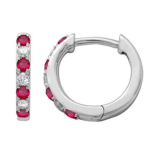 Jewelili 14K White Gold with Round Ruby and 1/5 CTTW Natural White Round Diamonds Hoop Earrings