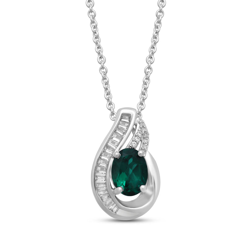 Jewelili Flame Pendant Necklace with Oval Shape Created Emerald, Round and Baguette Cut Created White Sapphire in Sterling Silver 
