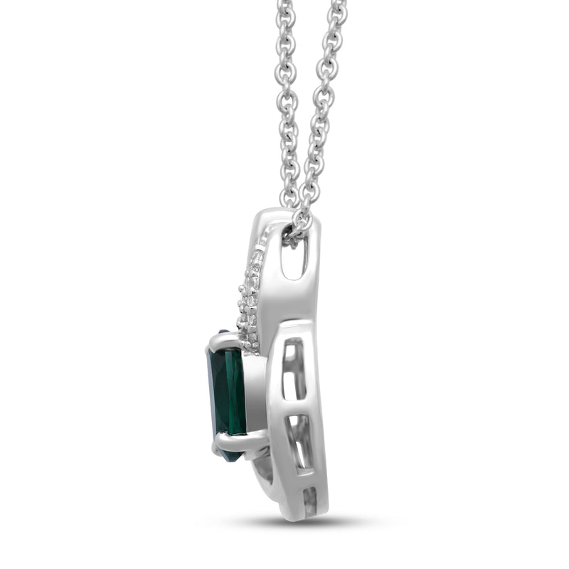Jewelili Flame Pendant Necklace with Oval Shape Created Emerald, Round and Baguette Cut Created White Sapphire in Sterling Silver View 1
