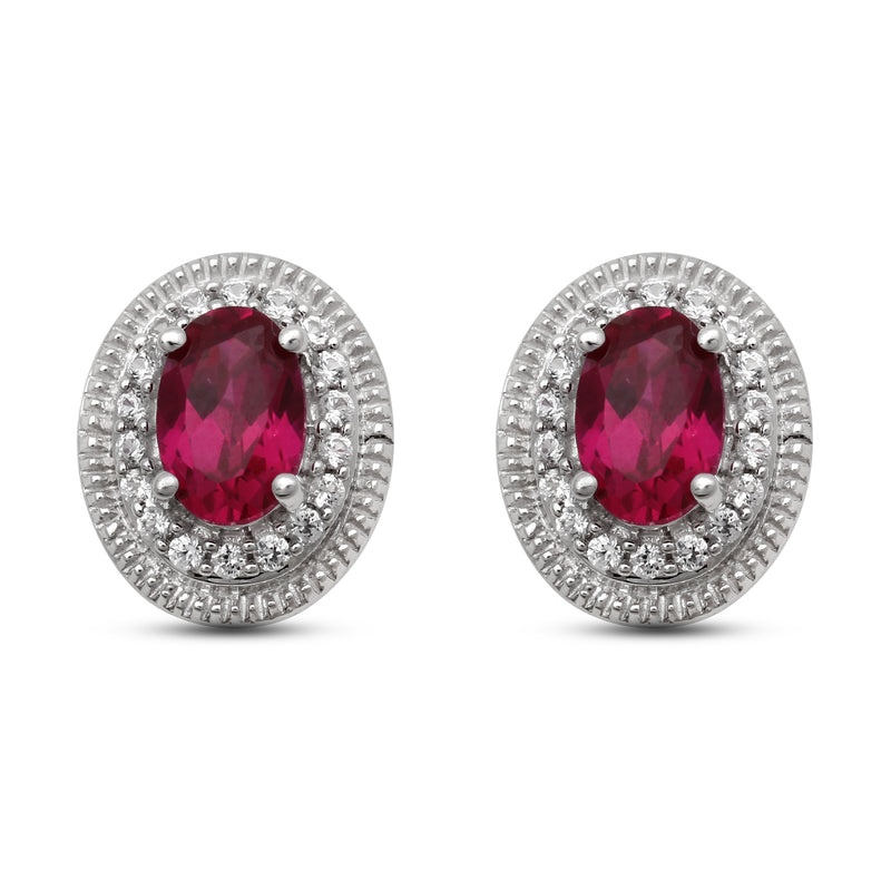 Jewelili Stud Earrings with Oval Cut Created Ruby and Round Created White Sapphire over Sterling Silver