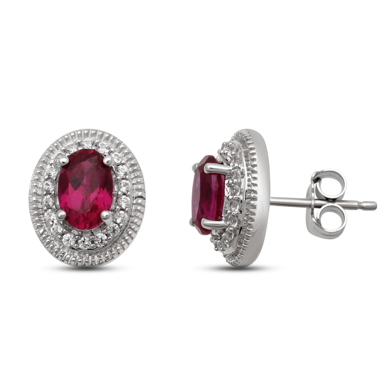 Jewelili Stud Earrings with Oval Cut Created Ruby and Round Created White Sapphire over Sterling Silver View 1