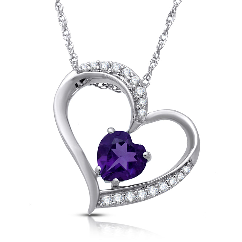 Jewelili Sterling Silver with Amethyst and Created White Sapphire Heart Pendant Necklace