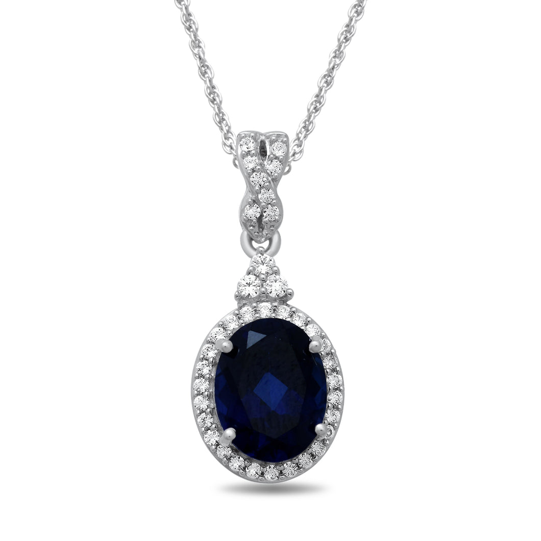 Jewelili Sterling Silver With Created Ceylon Sapphire and Created White Sapphire Pendant Necklace