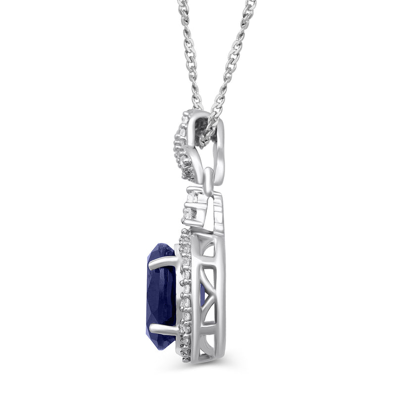 Jewelili Sterling Silver With Created Ceylon Sapphire and Created White Sapphire Pendant Necklace