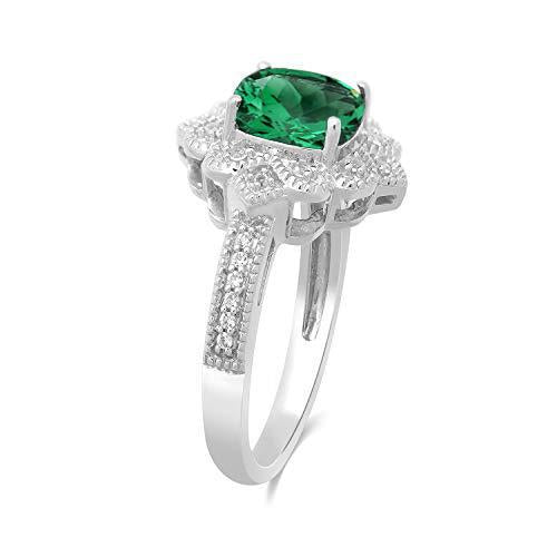 Jewelili Ring with White Diamonds and Cushion Shape Created Emerald in Sterling Silver 1/6 CTTW View 2
