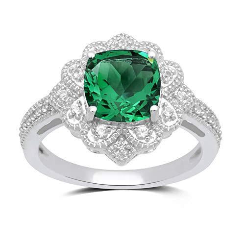 Jewelili Ring with White Diamonds and Cushion Shape Created Emerald in Sterling Silver 1/6 CTTW View 1