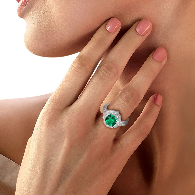 Jewelili Ring with White Diamonds and Cushion Shape Created Emerald in Sterling Silver 1/6 CTTW View 3
