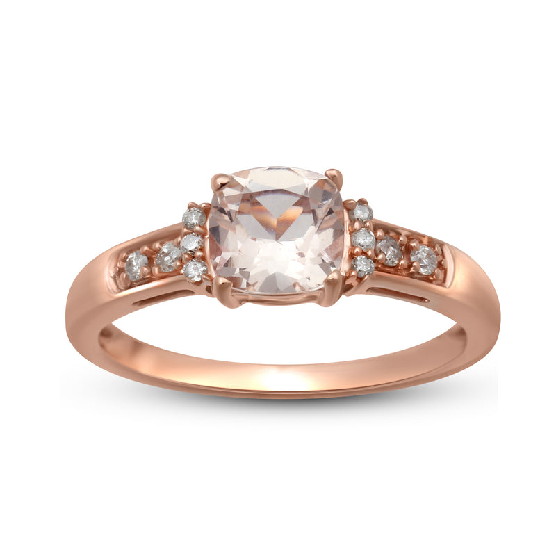 Jewelili Ring Natural White Round Diamonds & Cushion Cut Morganite in 10K Rose Gold 1/10 CTTW View 1