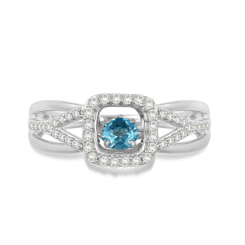 Jewelili Halo Ring with Round Shape Swiss Blue Topaz and Created White Sapphire in Sterling Silver View 2