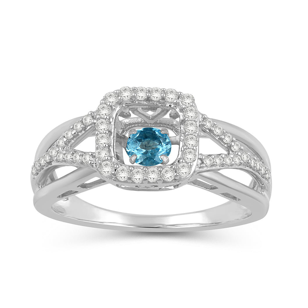 Jewelili Halo Ring with Round Shape Swiss Blue Topaz and Created White Sapphire in Sterling Silver View 1