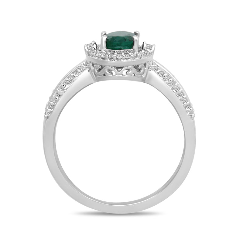 Jewelili 10K White Gold With 1/5 CTTW Natural White Round Diamonds and Oval Shape Emerald Ring