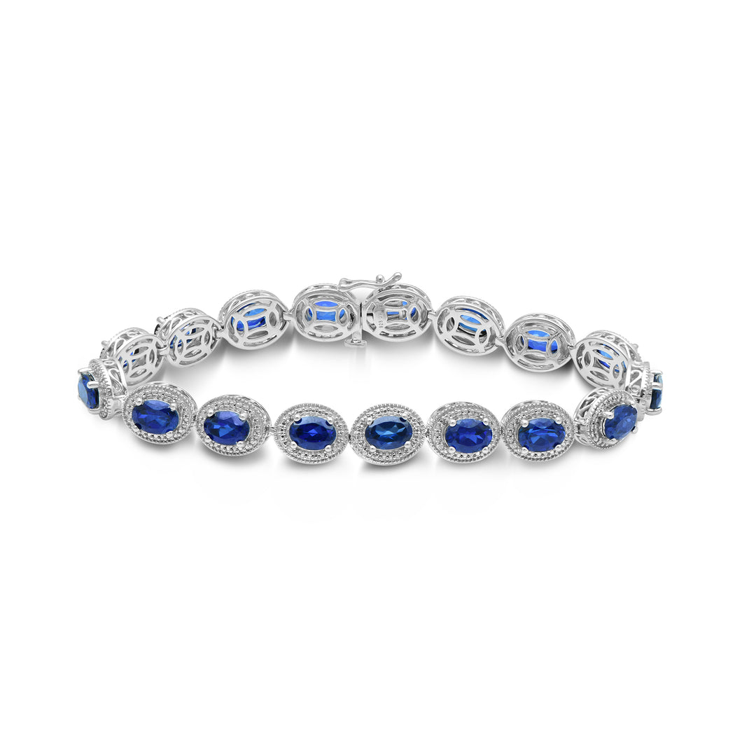 Jewelili Link Bracelet with Oval Created Ceylon Sapphire and Natural White Round Diamonds in Sterling Silver 7.5