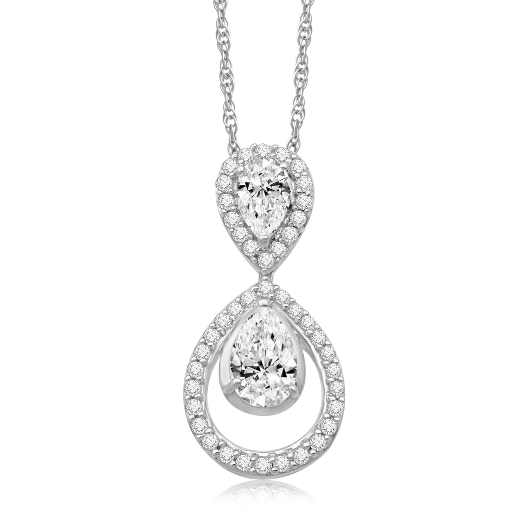 Jewelili Sterling Silver with Pear and Round Created White Sapphire Teardrop Pendant Necklace