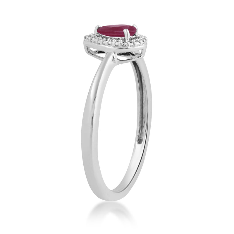 Jewelili Sterling Silver With White Diamonds and Pear Cut Ruby Teardrop Ring