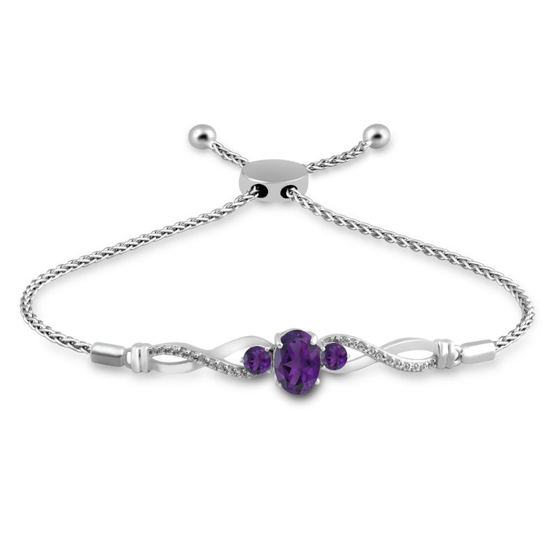 Jewelili Bolo Bracelet with Oval,Round Amethyst and Round Created White Sapphire in Sterling Silver View 1