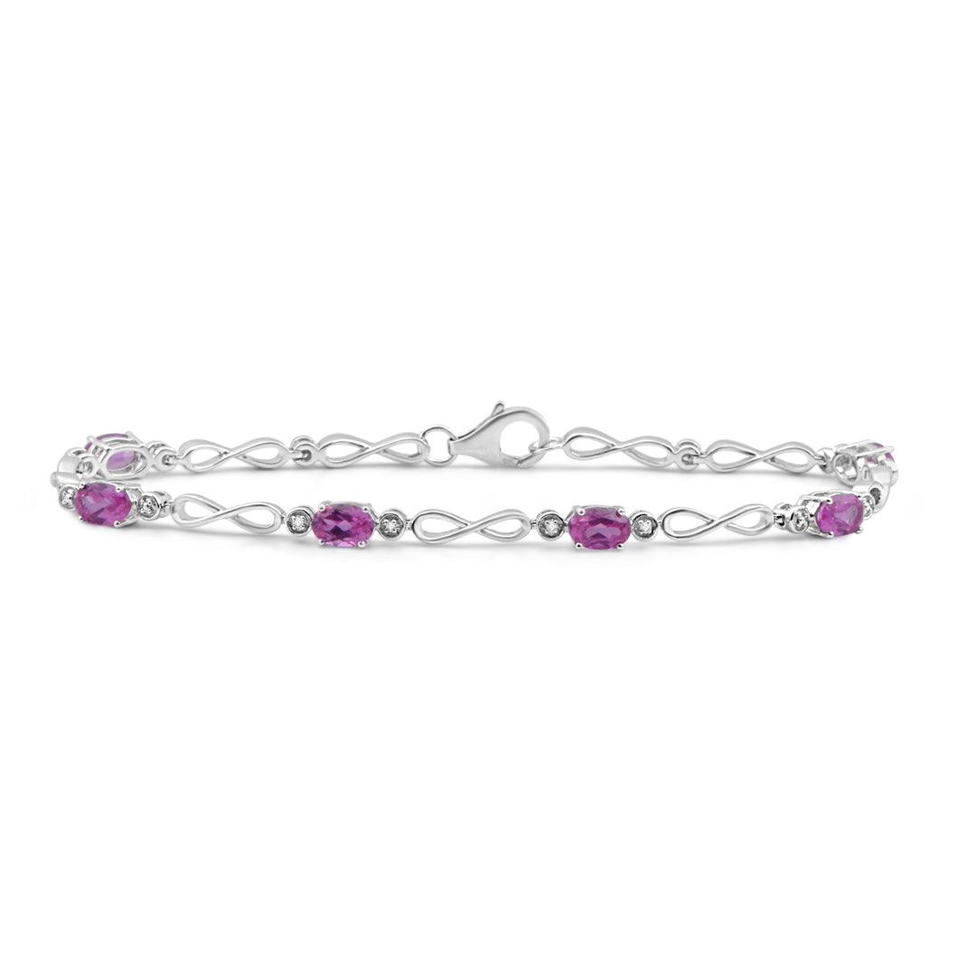 Jewelili Link Bracelet with Oval Created Pink Sapphire and Natural White Round Diamonds in Sterling Silver 6x4 MM