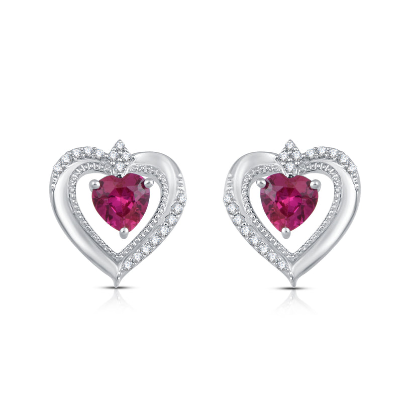 Jewelili Stud Earrings with Heart Created Ruby and Created White Sapphire in Sterling Silver View 1