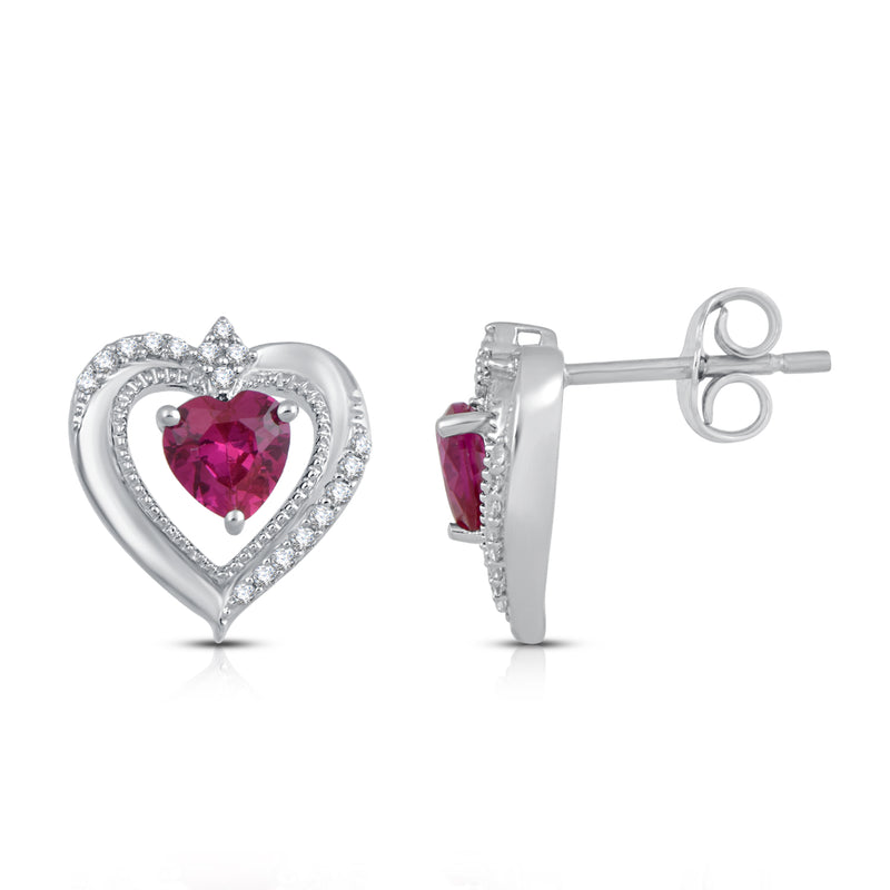 Jewelili Stud Earrings with Heart Created Ruby and Created White Sapphire in Sterling Silver View 2