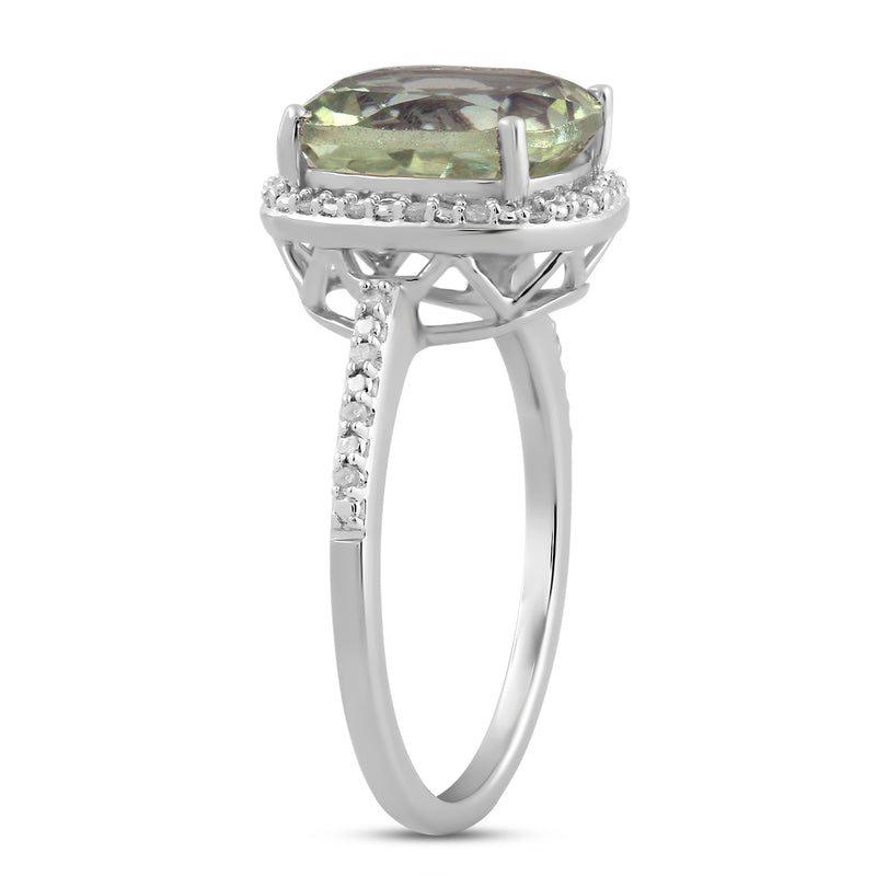 Jewelili Sterling Silver With 1/10 CTTW Diamonds and Green Amethyst Halo Cocktail Ring
